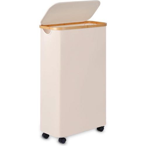 60L Slim Laundry Basket with Wheels,Narrow Hampers for Laundry,Freestanding Laundry Hamper with Lid&Bamboo Handles,Collapsible & Waterproof Tall Cloth Hamper for Dorm Family(Beige)