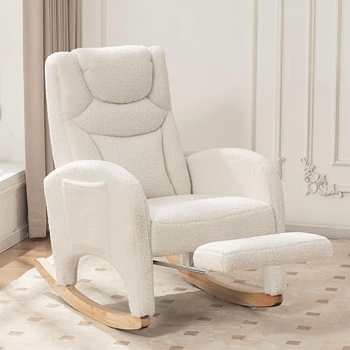 Nursery Rocking Chair with Foot Rest,Upholstered Teddy Glider Rocker for Nursery with Solid Wood Legs, Accent Nursing Arm Chair for Living Room/Bedroom/Nursery, Ivory