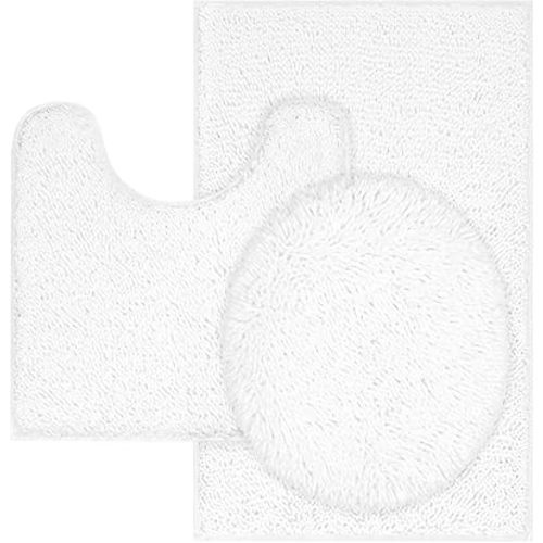 Chenille Bath Mat 3 Piece Bathroom Rugs Set, 20x20 Inchs U-Shape Contoured Toilet Mat & 20x32 Inchs Rug & Lid Cover, Soft, Water Absorbent Plush Rugs for Tub Shower & Bath Room -White