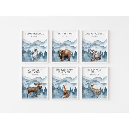 Set of 6 Kid's Bible Verse Prints, Woodland Animal Prints, Christian Wall Decor, Baby Nursery Wall Art, Forest Animals, Blue Mountains,