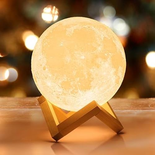 Mydethun 3D Moon Lamp with 7.1' Wooden Base - Christmas Day Gift LED Night Light, Mood Lighting with Touch Control Brightness for Home Décor, Bedroom, Gifts for Women Birthday - White & Yellow