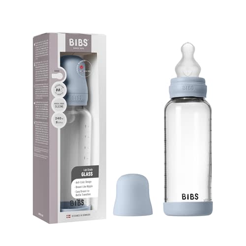 BIBS Baby Glass Bottle. 8 US fl oz / 240 ml. Anti-Colic. Vented Round Silcone Nipple. Supports Natural Breastfeeding, Medium Flow, Complete Set - Baby Blue