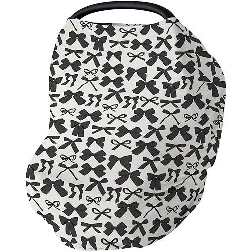 Black Bows Car Seat Cover for Baby Valentine Bows Stretchy 5-in-1 Cover Adjustable Car Canopy Cover Spring Black Ribbons Breathable Nursing Cover-Up
