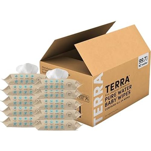Terra Bamboo Baby Wipes: Pure Water Wipes, 99.7% Pure New Zealand Water, 100% Biodegradable Bamboo Fiber, 0% Plastic, Unscented Baby Wipes for Sensitive Skin, 10 Pack of 24 Wipes