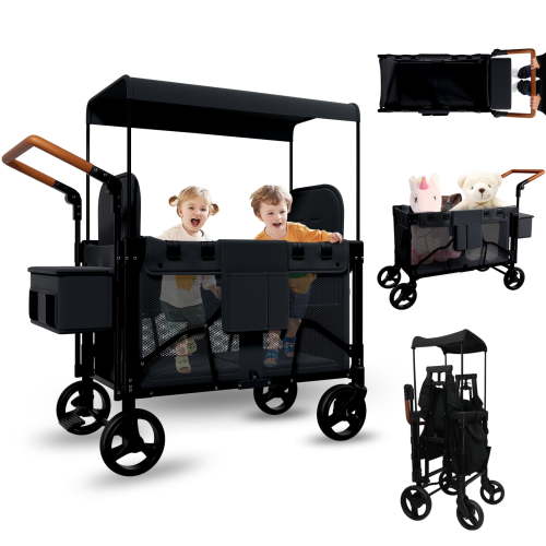 Vipsafe Foldable Wagon Stroller for 2 Kids, Multifunctional Wagon with Detachable Canopy, Adjustable Handlebars, Removable Seats, and Easy Storage