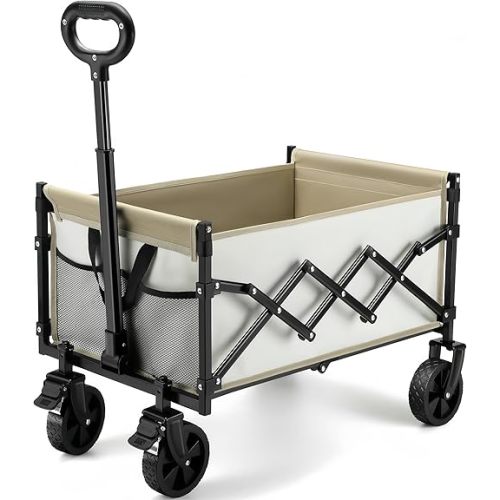 CAMTOP Collapsible Wagon Cart Foldable Wagon Portable Heavy Duty Folding Wagons with Braking Wheels Lightweight Outdoor Utility Wagon for Shopping, Sports, Camping, Garden, Grocery, Beach (Beige)
