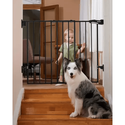 Babelio 26-43" No Bottom Bar Baby Gate for Babies, Elders and Pets, 2-in-1 Hardware Mount Dog Gate for The House, Stairs and Doorways, with Large Walk Thru Door, Black