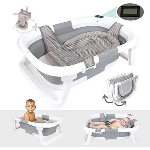 BEBELEH™ Collapsible Baby Bathtub with Thermometer – Bathtub + Baby tub Sling + Newborn Sling – Baby Bathtub Newborn to Toddler 0-24 Months – The Ultimate Baby Bath Tub! (with Thermometer,Gray)