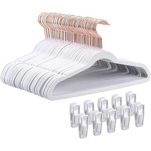 14 Inch Velvet Kids Hangers -50 Pack Durable & Non-Slip Closet Organizers for Big Kids & School-Age Children, 0.2" Ultra Slim Space-Saving Design with 10 Hanger Clips - White