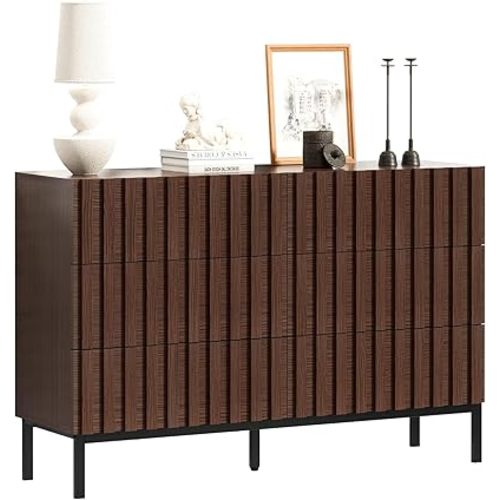 UEV Walnut Dresser,Mid Century Modern Dresser,Brown Chest of Drawers for Bedroom,Fluted 6 Drawer Dresser with Metal Stand,Hallway(Dark Brown)