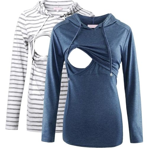 Bhome Nursing Hoodie Long Sleeves Shirt Casual Breastfeeding Top Sweatshirt - Medium - Grey Stripe/Teal