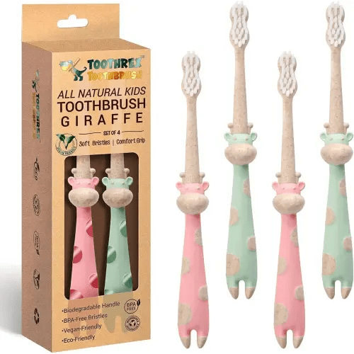ROARex® All-Natural Eco Friendly Kids Toothbrush Made from Plants - Giraffe 4-36m - Baby to Toddler - Mint/Rose - 4pk | 1% for The Planet Product