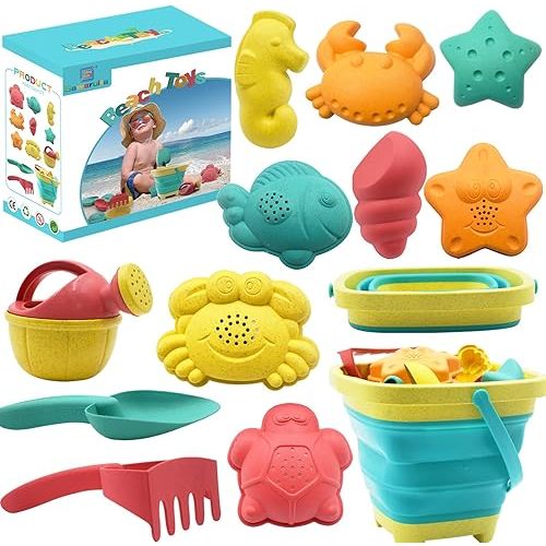 Beach Toys for Kids - Sand Toys Set Includes Collapsible Sand Bucket Shovel and Sand Rake Toy for Beach 12 PCS, Sandbox Toys Sandcastle Building Kit with Waterproof Net (A)
