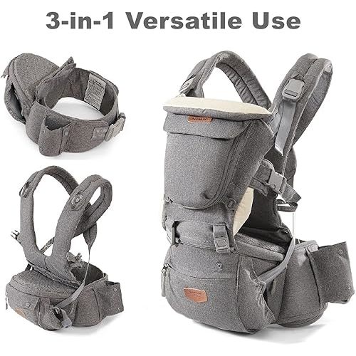 SUNVENO 3 in 1 Ergonomic Baby Carrier with Hip Seat for Newborns and Toddlers, Supports 20 lbs and Up, Waist and Back Relief with Large Weight Capacity for All Season Use, Grey