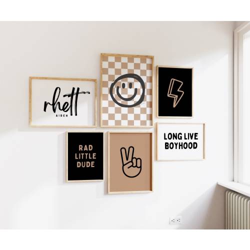 Personalized Name Dude Skateboard Gallery Wall Set of 6 Downloadable Prints, Boho Boy Nursery Decor, Playroom Quote Play Wall Art, Printable