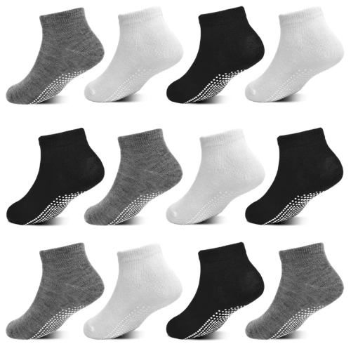 Toddler Socks, 12 Pairs Kids Breathable Athletic Ankle Socks for Boys Girls 1-7 Years, Low Cut Socks(01 Black+white+grey,1-3T)