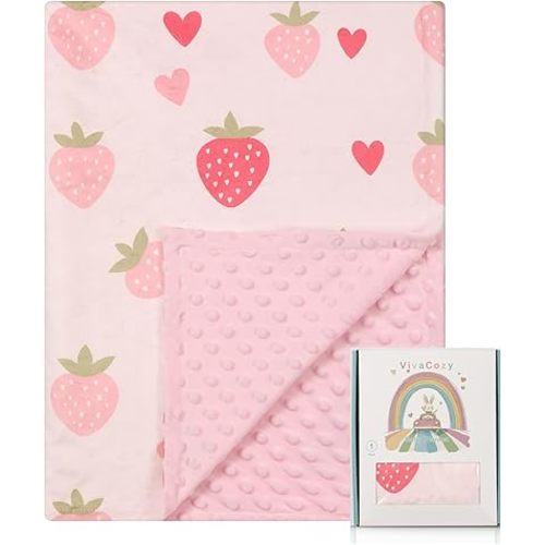 Baby Blankets for Girls Boys Neutral with Strawberry Pink Design Super Soft Lightweight Blanket for Infant Toddler Nursery Crib Newborn with Double Layer Dotted Backing 30 x 40 Inch
