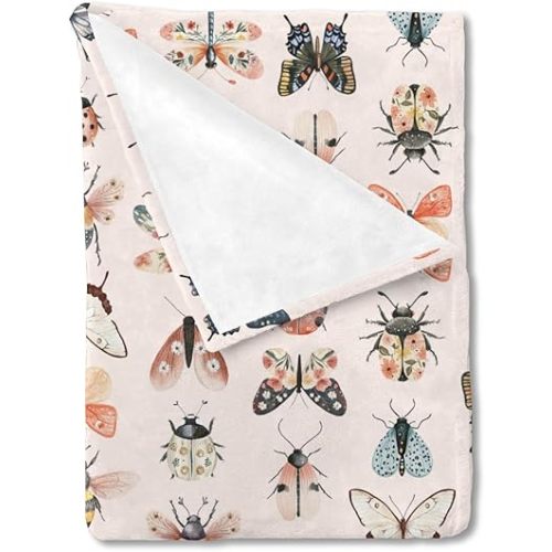 Watercolor Bees Butterflies Moth Floral Baby Blanket Girl Boy Spring Forest Beetles Bees Flowers Pink Swaddle Blankets Soft Flannel Receiving Blanket Newborn Nursery Toddler Crib Bed Blanket 40x50