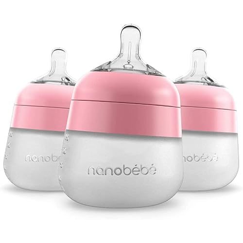 Nanobébé Flexy Silicone Baby Bottle, Anti-Colic, Natural Feel, Non-Collapsing Nipple, Non-Tip Stable Base, Easy to Clean 3-Pack, Pink, 5 oz
