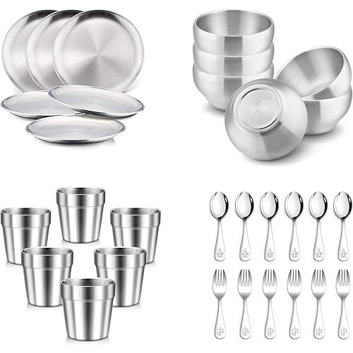 HaWare 30-Piece Kids Dinnerware Set, Stainless Steel Tableware Set Including Kids Plates, Bowls, Cups, Spoons, and Forks, Food-grade Toddler Utensils set for Self Feeding, Durable and Reusable