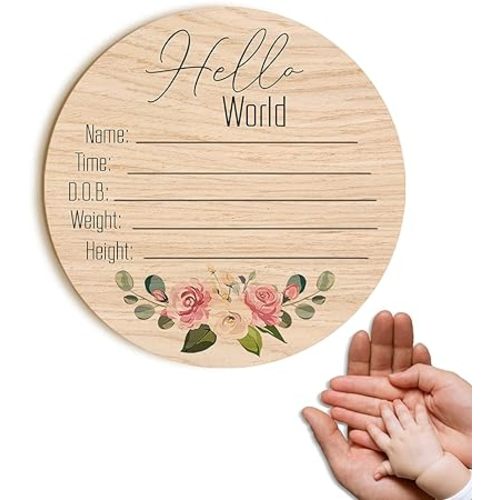 Personalized DIY Wood Birth Announcement Card Round for Newborn Baby I'm Here Wooden Plaque for Baby Name and Birth Detail (Style 2)