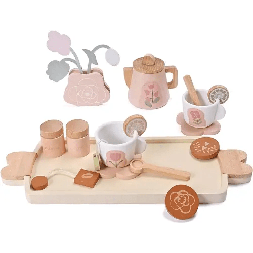 Wooden Tea Set for Little Girls, Wooden Toys, Toddler Tea Set Toy, Play Kitchen Accessories Set, Montessori Toys, Kids Play Kitchen Pretend Playset Toys for Baby Tea Party with Play Food