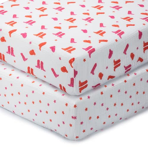 LollyBanks Baby Girl Crib Sheets 2 Pack, 100% Muslin Cotton Soft and Breathable Baby Crib Sheets, Snug Fitted Sheet for Standard 52"x28" Mattress, Nursery Must Haves (Pink Boot and Pink Star)