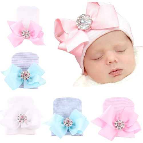 Newborn Hospital Hat Infant Baby Hat Caps with Bow Soft Cute Nursery Beanie Hat