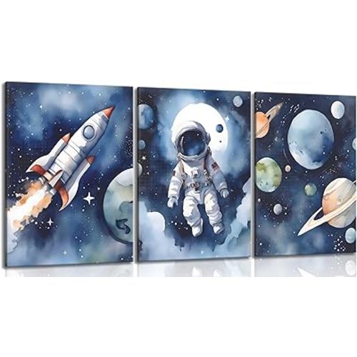 3Pcs Nursery Astronaut Wall Art Kids Space Planets Theme Canvas Painting Rocket Spaceman Wall Decor Explore Dream Galaxy Poster Prints Funny Outer Space Picture for Boys child Bedroom Living Framed