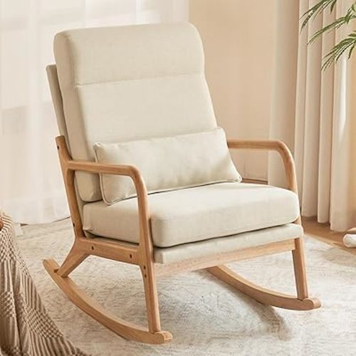Karl home Nursery Rocking Chair Removable Glider Rocker High Backrest Rocking Armchair Mid-Century Accent Chair with Lumber Pillow for Bedroom, Living Room, Nursery, Beige