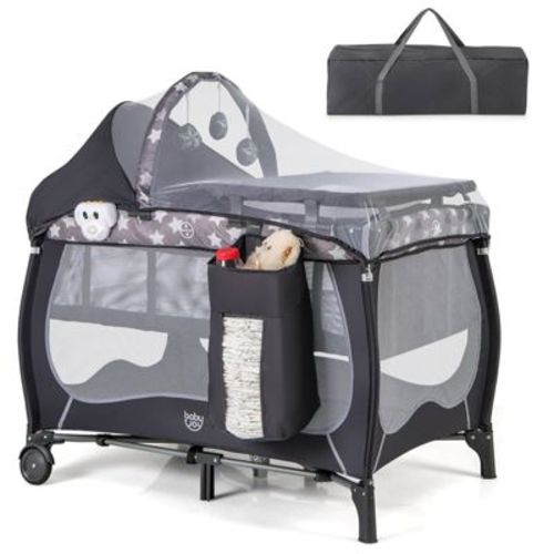 Infans 5-in-1 Portable Baby Playard with Bassinet, Adjustable Canopy, Changing Table, Lockable Wheels, Music Box, Travel Baby Crib Bassinet, Gray