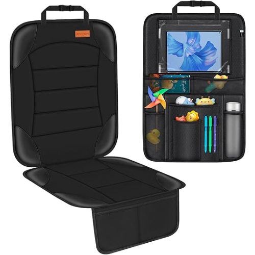 Siivton 2-in-1 Car Seat Protector & Kick Mat with iPad Holder - Kids Backseat Organizer with Touchscreen Pocket, Storage Pockets & Waterproof Cover for Child Safety and Mess-Free Rides