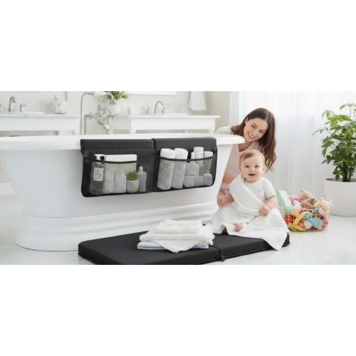 NEW Luxury Bath Kneeling Pad and Elbow Rest Set - THICK SOFT Bath Kneeler Pad and Bath Toys Organizer with Pockets - Supports Knees and Elbows - Bath Kneeling Pad for Baby Bathtime - Dark Grey