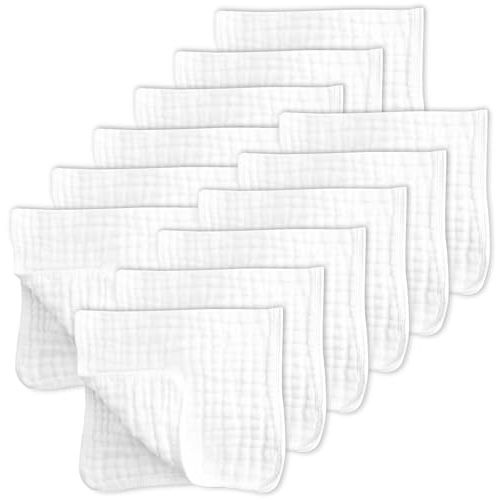 SWEET DOLPHIN 12 Pack Muslin Burp Cloths Large 100% Cotton Hand Washcloths for Baby - Baby Essentials Extra Absorbent and Soft Boys & Girls Milk Spit Up Rags for Newborn Registry - White, 20" X10"
