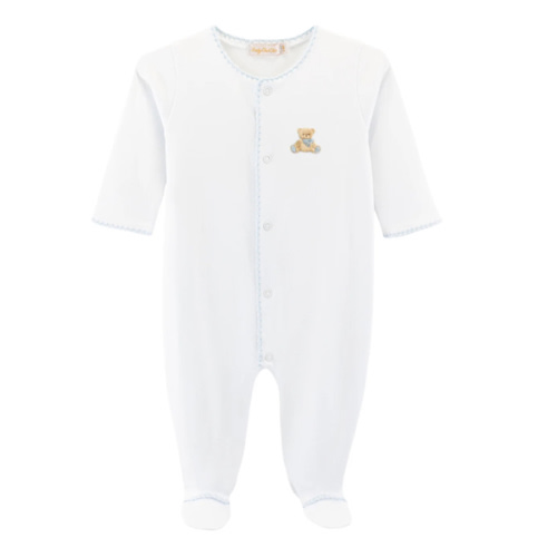 Teddy Bear Embroidered Footie - Blue