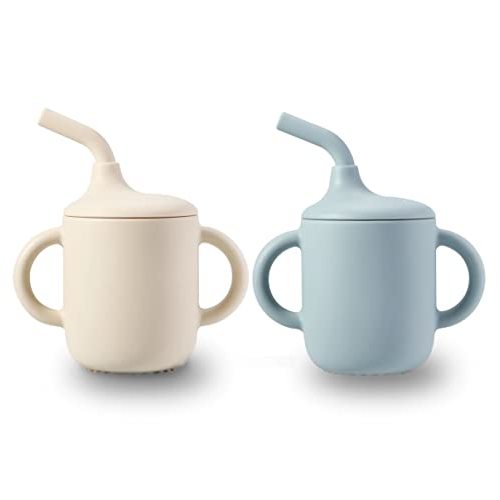 PandaEar 2 Pack 100% Tiny Silicone Drinking Training Cup with Handles & Straw for Baby and Toddler (White Blue)