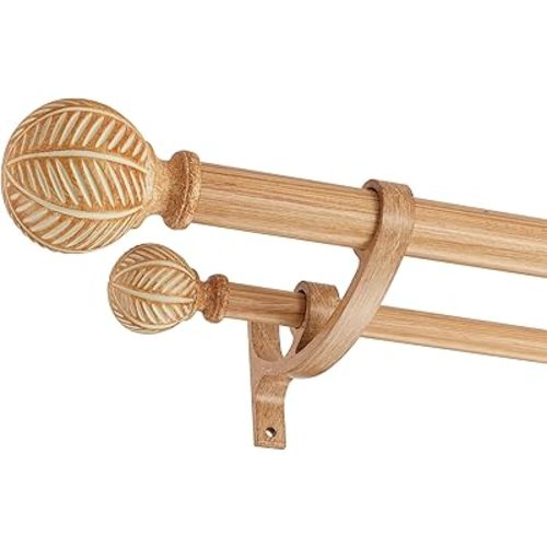 Wood Double Curtain Rods Set for Windows 36 to 72 Inches (3 to 6 ft), Adjustable Heavy Duty Dual Drapery Rods, 1 Inch Boho Rustic Decorative Design with Imitation Wood Grain Leaf Finials
