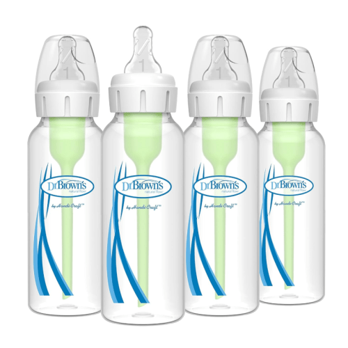 Dr. Brown's Natural Flow Anti-Colic Options+ Narrow Baby Bottle, 8 oz/250 mL, with Level 1 Slow Flow Nipples, 0m+, 4 Pack