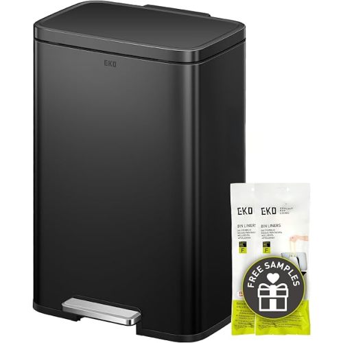 EKO Madison Matte Black Stainless Steel 13.2 Gal/50L Kitchen Step Trash Can or Recycling Bin, Removable Inner Liner, Soft Close Lid, Fingerprint Resistant Finish
