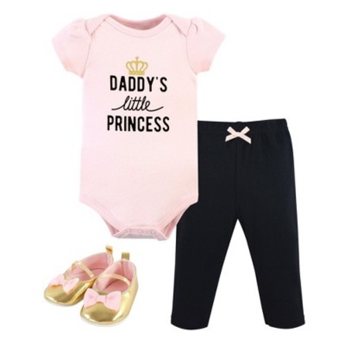 Hudson Baby Infant Girl Cotton Bodysuit, Pant and Shoe Set, Daddys Little Princess, Newborn