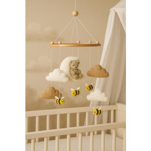 Baby Mobile with Teddy Bear, Moon, Clouds & Bees | Neutral Nursery Crib Mobile | Handmade Baby Shower Gift