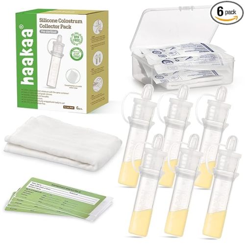 haakaa Colostrum Collector Kit Breast Milk Collector with Cotton Cloth Wipe and Storage Case, Ready-to-Use, Reusable, 4ml/6pcs
