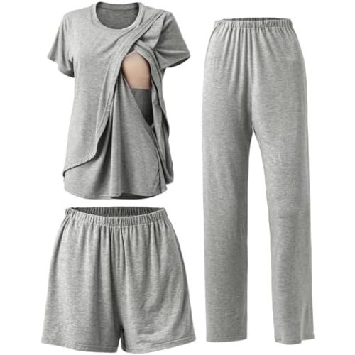 Rnxrbb 3 Piece Postpartum Nursing Pajamas Set Casual Soft Maternity Breastfeeding Pjs Sleepwear Loungewear Clothes Layer