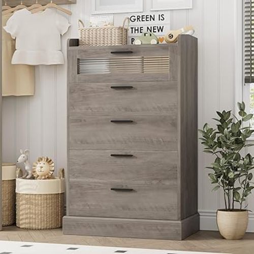 HOSTACK Modern 5 Drawer Dresser, Tall Dresser Chest of Drawers with Metal Handles, Wood Dresser Storage Cabinet with Anti-Drop Fence & Fluted Glass for Living Room, Entryway, Ash Gray