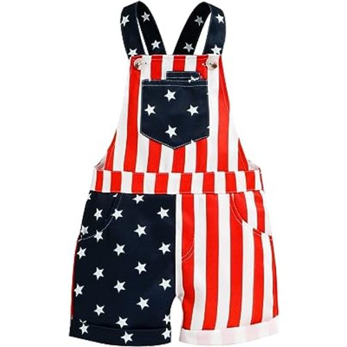 Adobabirl Toddler Baby 4th of July Outfit Girl Boy American Flag Overall Shorts Suspender Denim Jumpsuit with Pocket