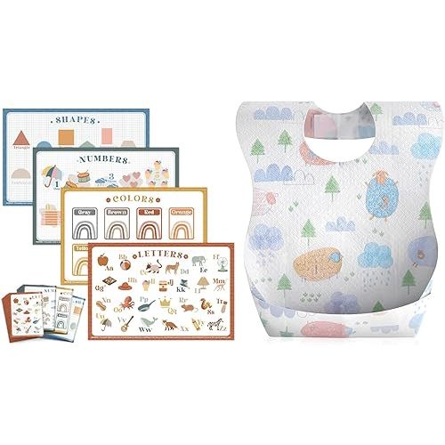 Babebay Disposable Placemats 40 Packs and Disposable Bibs 30 Packs Bundle