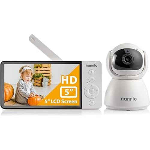 nannio Comfy HD Baby Monitor with Camera & Audio, 5'' HD Display, 5000mAh Battery, 1000ft Range, Secure Transmission, Fully Remote PTZ, Night Vision, 2-Way Audio, Temp Sensor, No WiFi, Ideal Gifts