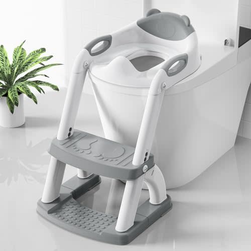 SKYROKU Potty Training Toilet, New Sector-Shape Stabilized Base two in one Toddler Toilet Seat with Splash Guard, Anti Slip Pad, and Step Stool Enamel Grey