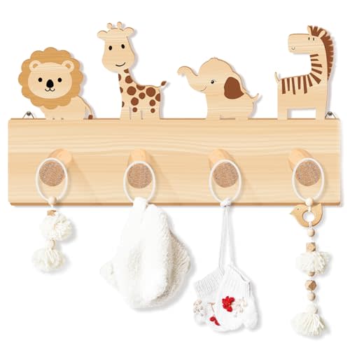 RattanView Wall Hooks Wooden Animal Coat Hooks Baby Nursery Wall Decor Animal Nursery Hooks for Girls Boys Nursery Decor Room Bathroom Bedroom Home Decor(Safari Animal)