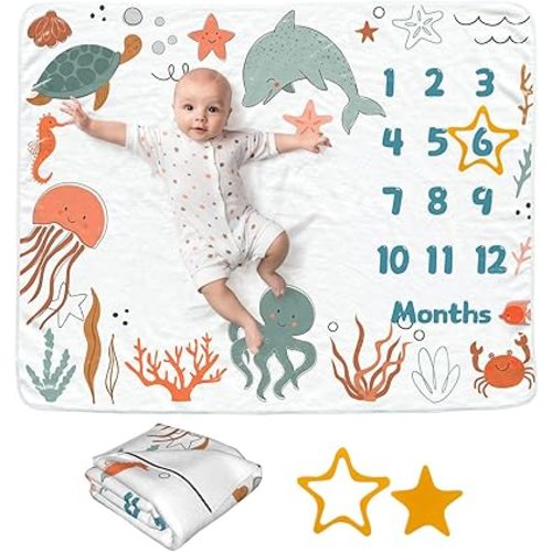 Ocean Baby Monthly Blanket for Girls, Newborn Month Blanket, Soft Flannel Photography Background Prop Blanket, Personalized Shower Gift, Ocean